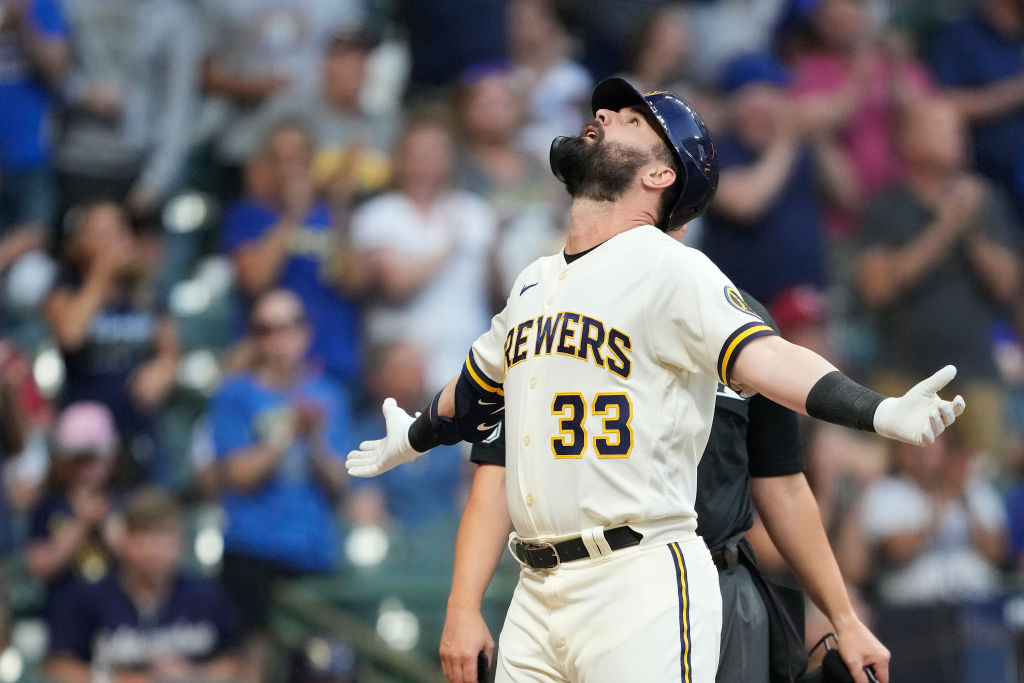 Jesse Winker Brewers white jersey