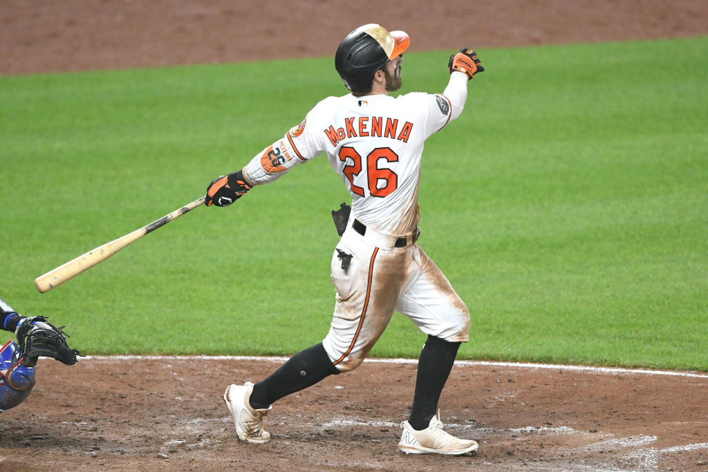 Baltimore Orioles right fielder Ryan McKenna (26) stands near the